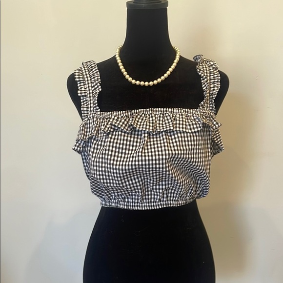 Gingham Ruffle Sleeveless Top - Black and White - Picture 1 of 2